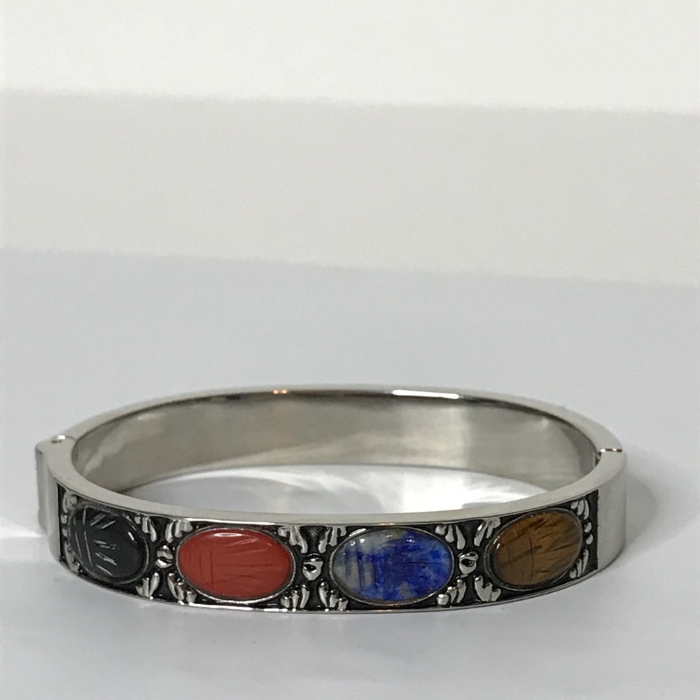 Multicolor Abstract Silvertone Hinged Bracelet